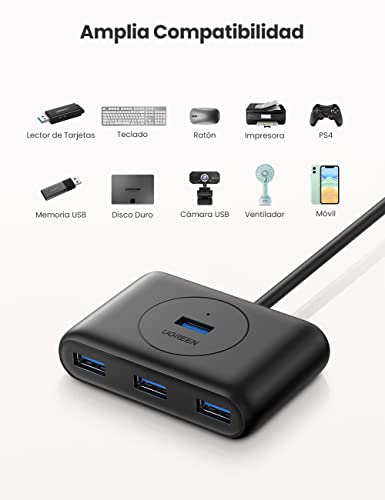 UGREEN Hub USB 3.0 4 Puertos 5Gbps con Cable de 1 Metro, Compatible con PC, PS5, Raspberry pi 4, Xbox X/S, PS4, Macbook Pro Air, Disco Duro Externo, Lector de Tarjetas, Móviles y Windows Surface