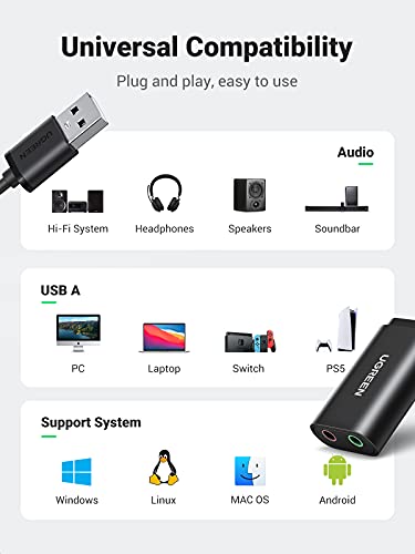 UGREEN Tarjeta de Sonido USB Externa, Adaptador de USB Externo Estéreo, Adaptador USB a Jack 3.5 mm Audio y Micrófono Compatible con PC, Mac, Raspberry pi 3, PS4, Altavoces, Auriculares, Amplificador