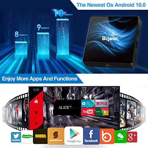Última Versión Android 10.0 TV Box 【4GB RAM+64GB ROM】 Bqeel TV Box RK3318 Quad-Core 64bit Cortex-A53 con 5GHz / 2.4GHz WiFi ,BT 4.0,4K*2K, UHD H.265, USB 3.0 Smart TV Box