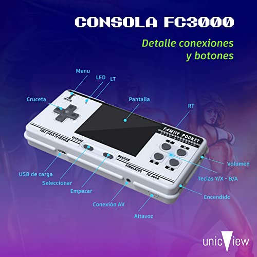 Unicview Consola portatil Retro, Family Pocket FC3000, más de 1800 Juegos de NES, SNES, CPS1, Megadrive, GBC, Gameboy, Master System, Gamegear, SG-1000, Posibilidad de añadir Juegos