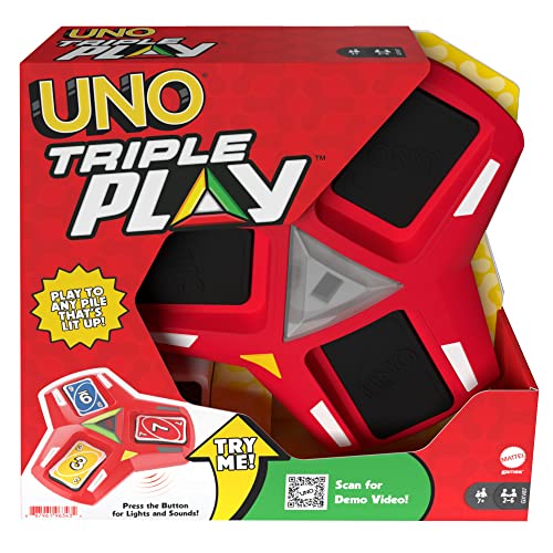 ​UNO Triple Play Card Game with Card-Holder Unit with Lights & Sounds & 112 Cards, Kid, Teen & Adult Game Night Gift Ages 7 Years & Older