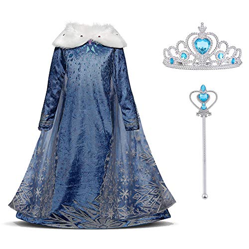 URAQT Disfraz de Elsa, Vestido de Princesa Elsa, Vestido de Copo de Nieve de Encaje Fino con Varita de Hada y Tiara de Corona, para Cumpleaños, Fiesta de Navidad de Halloween 130cm