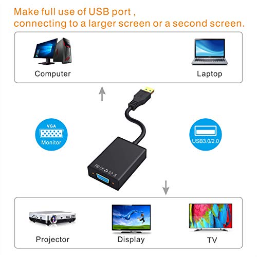 USB a VGA Adaptador, ABLEWE USB 3.0/2.0 a VGA 1080P Conversor (Macho a Hembra)，Convertidor de Cable Externo de Pantalla Múltiple para Windows 10/8.1/8/7/XP