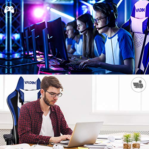 VADIM Silla de Oficina Racing Sport Ergonómica, Silla de Oficina para Juegos Azul y Blanco, Respaldo del Asiento Gamer inclinable hasta 155°, Reposabrazos 2D, Altura Ajustable, PU para PC Gamer