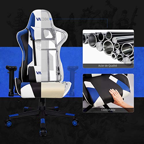 VADIM Silla de Oficina Racing Sport Ergonómica, Silla de Oficina para Juegos Azul y Blanco, Respaldo del Asiento Gamer inclinable hasta 155°, Reposabrazos 2D, Altura Ajustable, PU para PC Gamer