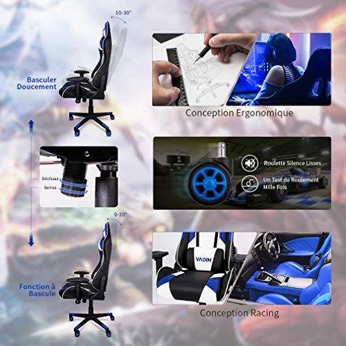 VADIM Silla de Oficina Racing Sport Ergonómica, Silla de Oficina para Juegos Azul y Blanco, Respaldo del Asiento Gamer inclinable hasta 155°, Reposabrazos 2D, Altura Ajustable, PU para PC Gamer