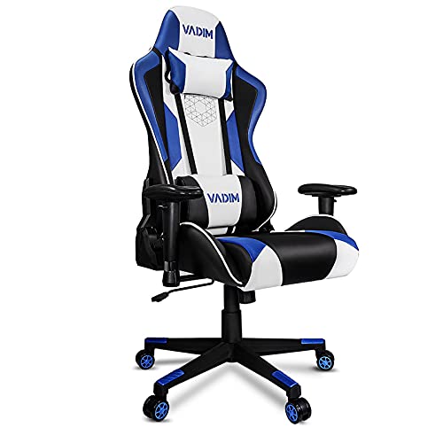 VADIM Silla de Oficina Racing Sport Ergonómica, Silla de Oficina para Juegos Azul y Blanco, Respaldo del Asiento Gamer inclinable hasta 155°, Reposabrazos 2D, Altura Ajustable, PU para PC Gamer