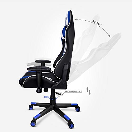 VADIM Silla de Oficina Racing Sport Ergonómica, Silla de Oficina para Juegos Azul y Blanco, Respaldo del Asiento Gamer inclinable hasta 155°, Reposabrazos 2D, Altura Ajustable, PU para PC Gamer