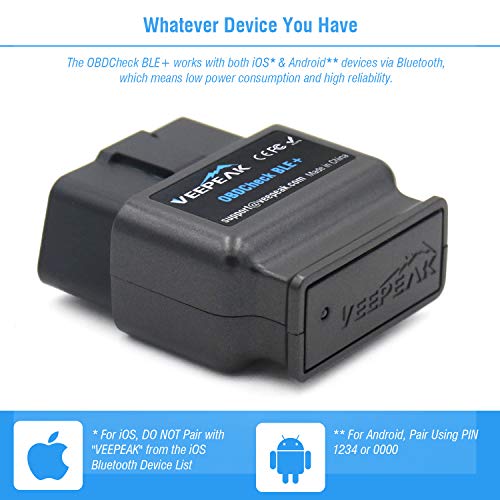Veepeak - OBDCheck BLE+ Bluetooth 4.0 OBD2, escáner para iOS y Android, lector de código de diagnóstico de coche, herramienta de escaneo para vehículos OBDII universal/EOBD