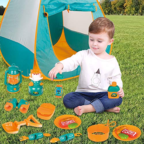 Veluoess Juego de Carpa para Acampar para Niños con Accesorios de Cocina, Juego de Supervivencia para Acampar con Luces y Sonidos para Niños de 3 Años en Adelante