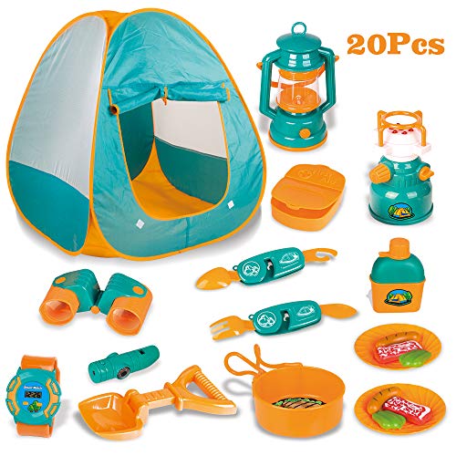 Veluoess Juego de Carpa para Acampar para Niños con Accesorios de Cocina, Juego de Supervivencia para Acampar con Luces y Sonidos para Niños de 3 Años en Adelante