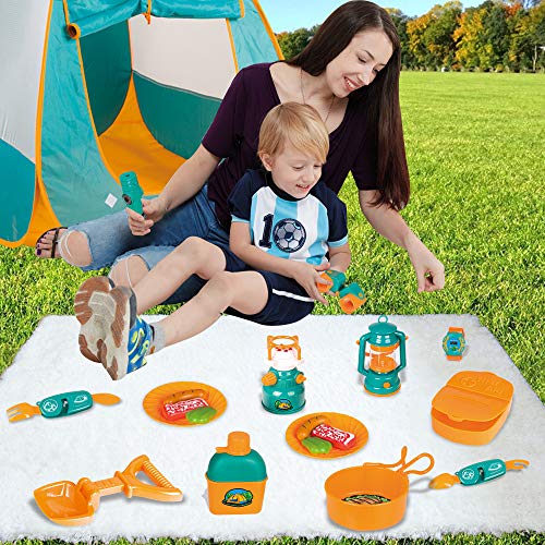 Veluoess Juego de Carpa para Acampar para Niños con Accesorios de Cocina, Juego de Supervivencia para Acampar con Luces y Sonidos para Niños de 3 Años en Adelante