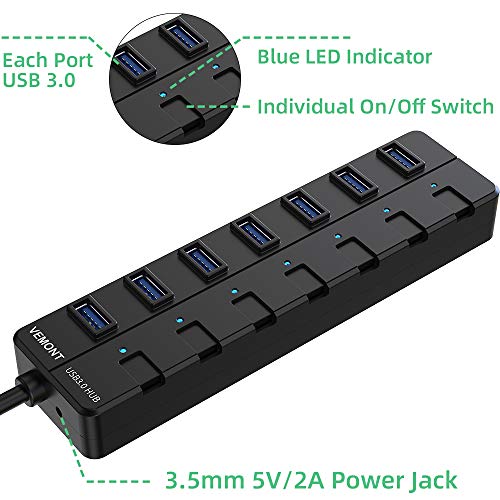 VEMONT Hub USB 3.0,7 Puertos divisor multipuerto USB con Cable de 1,2m Botón de Encendido Individual por Cada uno e 5Gbps Alta Velocidad para Mac OS, Windows, iOS, Android, Vista,Linux (Negro)