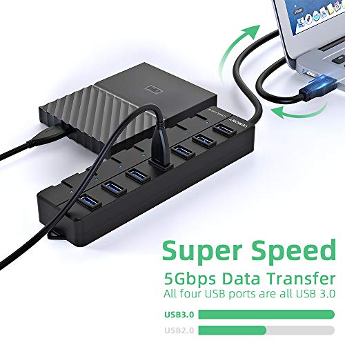VEMONT Hub USB 3.0,7 Puertos divisor multipuerto USB con Cable de 1,2m Botón de Encendido Individual por Cada uno e 5Gbps Alta Velocidad para Mac OS, Windows, iOS, Android, Vista,Linux (Negro)