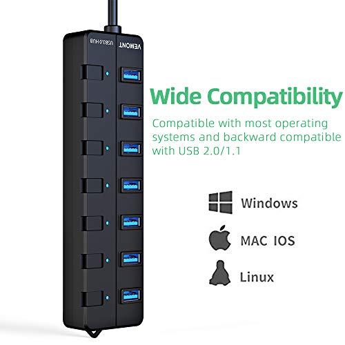VEMONT Hub USB 3.0,7 Puertos divisor multipuerto USB con Cable de 1,2m Botón de Encendido Individual por Cada uno e 5Gbps Alta Velocidad para Mac OS, Windows, iOS, Android, Vista,Linux (Negro)