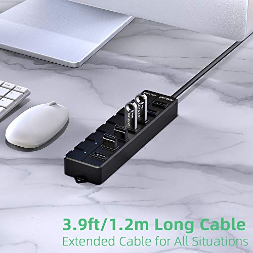 VEMONT Hub USB 3.0,7 Puertos divisor multipuerto USB con Cable de 1,2m Botón de Encendido Individual por Cada uno e 5Gbps Alta Velocidad para Mac OS, Windows, iOS, Android, Vista,Linux (Negro)