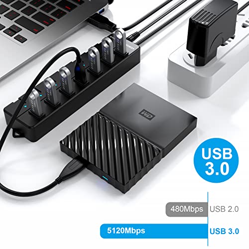 VEMONT USB Hub 7 Puertos USB 3.0 con botón de Encendido Individual por Cada uno de los Puertos para Mac OS, Windows, iOS, Android, Linux con Alimentación Adaptador(5V/2A)