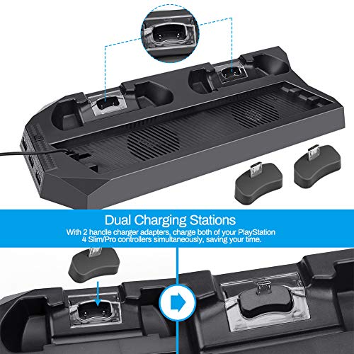 Vertical Stand for PS4 Slim/PS4 Pro, Achort Controller Charging Station with 2 Cooling Fans 2 Controller Charger Station, 3 Extra USB HUB Ports and 1USB Cable for PlayStation 4 Slim/Pro Consoles