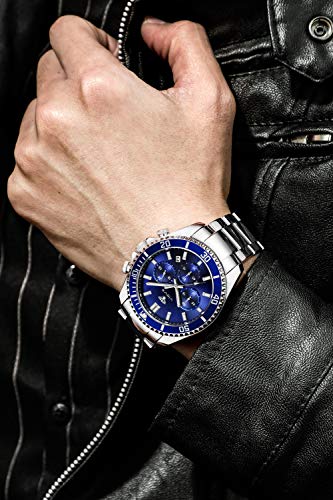 VICVS Relojes para Hombre Cronógrafo Reloj de Cuarzo analógico Resistente al Agua Reloj de Pulsera de Acero Inoxidable de diseñador para Hombre Relojes de Moda para Hombre (Azul)