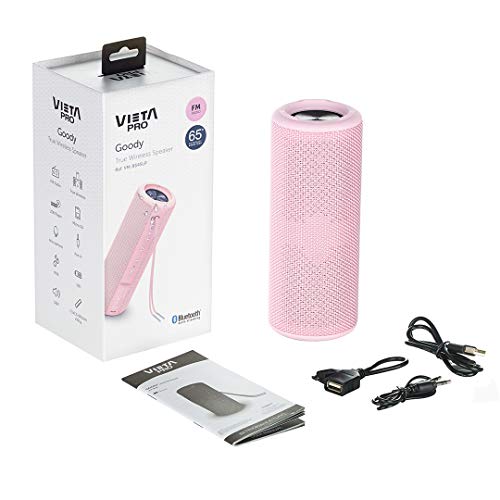 Vieta Pro Goody - Altavoz inalámbrico (True Wireless Bluetooth, Radio FM, Reproductor USB, auxiliar, micrófono integrado, resistencia al agua IPX6, batería de 12 horas) rosa