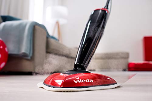 Vileda Steam - Mopa a vapor con cabezal triangular, mopa eléctrica ligera con cable de 6 m, apta para suelos duros y moquetas, color rojo y negro