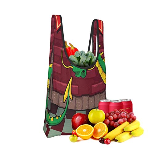 VimcustomPr Diseño de videojuegos de dibujos animados dentro del castillo con dragón fantasía mundo ilustración medieval Ruby Green reutilizable Fold bolsas de compras ecológicas