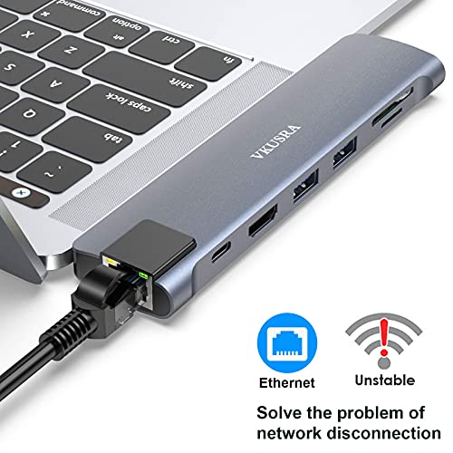 VKUSRA Hub USB C 8 en 2, USB C Hub para MacBook Pro/Air a Thunderbolt 3, Gigabit Ethernet, 4K HDMI, USB 3.0, Lector de Tarjetas TF/SD, Hub Tipo c para macbook Pro Macbook Pro M1, MacBook Pro/Air
