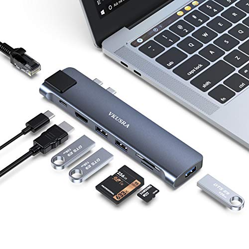 VKUSRA Hub USB C 8 en 2, USB C Hub para MacBook Pro/Air a Thunderbolt 3, Gigabit Ethernet, 4K HDMI, USB 3.0, Lector de Tarjetas TF/SD, Hub Tipo c para macbook Pro Macbook Pro M1, MacBook Pro/Air