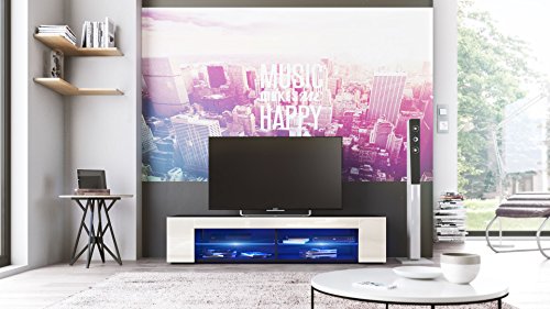 Vladon Mueble TV Movie, Cómoda TV con 4 Compartimentos Abiertos y Franjas Decorativas, Negro Mate/Crema de Alto Brillo, incluida la iluminación LED Azul (134 x 29 x 39 cm)