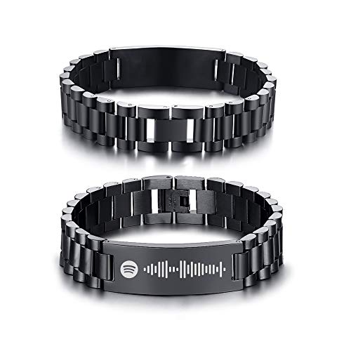 VNOX Pulsera con código de canción de Spotify con Grabado Personalizado para Hombres Reloj de Acero Inoxidable Pulsera con Enlaces de código de Spotify de música escaneable para Hombres,21.5cm,Negro