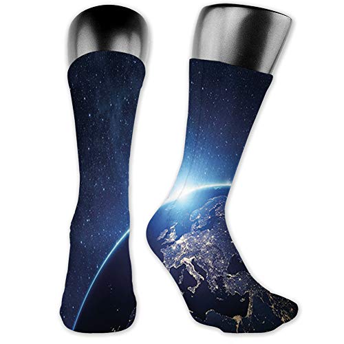 vnsukdlfg Medium long Crew Socks,Earth,Planet from The Space at Night Galactic Astronomy Themed Ethereal Interstellar Image,Unisex 15.7",Dark Blue