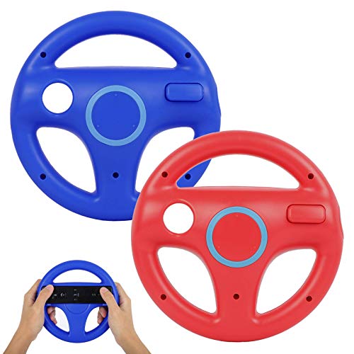 Volante para Nintendo Wii y Wii U, PowerLead 2 pcs Blanc Racing Wheel Compatible con Mario Kart, Rueda del Controlador de Juego para Nintendo Wii Remote Game-Rojo y Azul