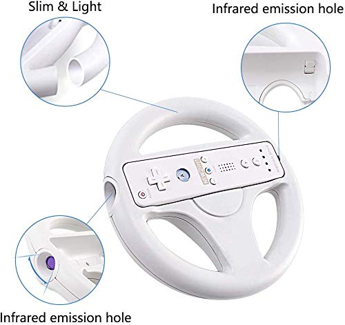 Volante para Nintendo Wii y Wii U, PowerLead 2 pcs Blanc Racing Wheel Compatible con Mario Kart, Rueda del Controlador de Juego para Nintendo Wii Remote Game-Blanco