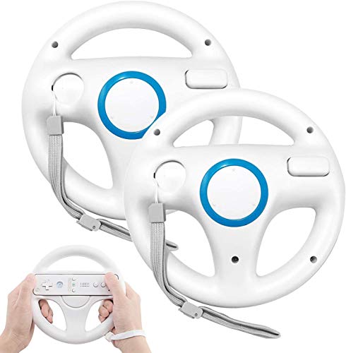Volante para Nintendo Wii y Wii U, PowerLead 2 pcs Blanc Racing Wheel Compatible con Mario Kart, Rueda del Controlador de Juego para Nintendo Wii Remote Game-Blanco