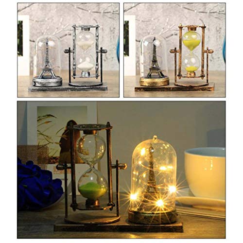 VOSAREA Vintage Hourglass Sand Timer Eiffel Tower Statue LED Light Up Ornament Retro Table Centerpeice Home Decoration Decorative Night Light (Silver)