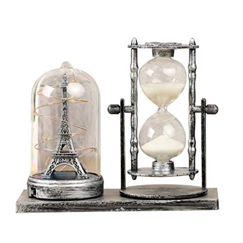 VOSAREA Vintage Hourglass Sand Timer Eiffel Tower Statue LED Light Up Ornament Retro Table Centerpeice Home Decoration Decorative Night Light (Silver)