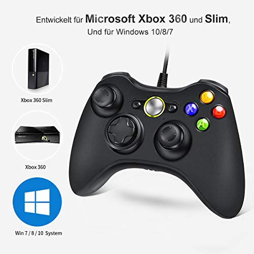 VOYEE Controlador con cable compatible con Xbox 360, USB Gamepad Joystick compatible con Microsoft Xbox 360 Slim/PC Windows 10/8/7 (negro)