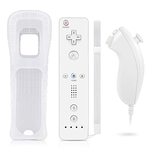 VOYEE - Mando de repuesto para mando Wii y Nunchuck, controlador inalámbrico con sensor movimiento 3 ejes incorporado, compatible Nintendo Wii/Wii U, carcasa silicona correa (blanco).