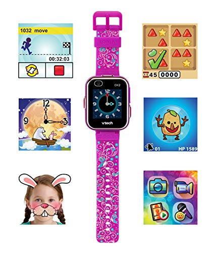 VTech - Kidizoom Smart Watch DX2, Reloj inteligente para niños, doble cámara de fotos, vídeos, juegos, color Morado con flores, Versión ESP (80-193837)