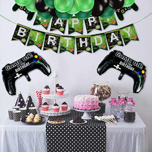 Vubkkty Decoración de cumpleaños para niño, controlador de juegos de videojuegos para fiestas y globos verdes y negros, juego de feliz cumpleaños en pancarta de bienvenida para niños de 5 6 7 8 9 años