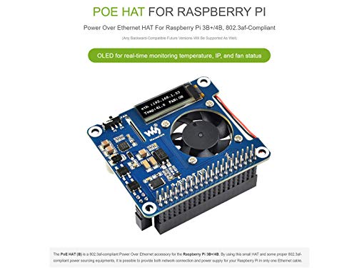 Waveshare Power Over Ethernet Hat For Raspberry Pi 3B+/4B, 802.3af-Compliant with OLED for Real-Time Monitoring Temperature, IP, and Fan Status