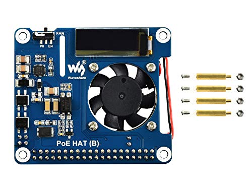 Waveshare Power Over Ethernet Hat For Raspberry Pi 3B+/4B, 802.3af-Compliant with OLED for Real-Time Monitoring Temperature, IP, and Fan Status