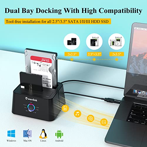 WAVLINK Base de conexión Docking Station USB 3.0 a SATA, Doble bahias con Clone Offline para 2,5, 3,5 Pulgadas Disco Duro, HDD, SSD,Soporta UASP,Negro