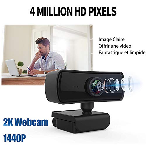 Webcam 2K, Full HD 4 Millones Pixel Webcam pc con Micrófono Incorporado y Cubierta de Privacidad, Enfoque Automático, USB 2.0 Plug and Play, Webcam Camara para Videollamadas, Estudio, Conferencia