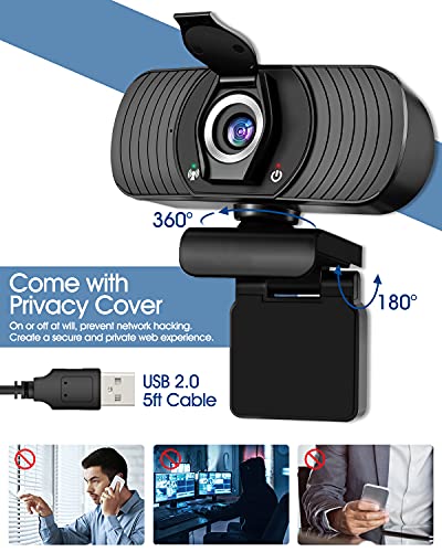 Webcam con Micrófono Cámara Web 1080P HD PC Cámara de Ordenador y Cubierta de privacidad Cámara para Skype FaceTime Youtube Estudio en Línea Llamada PC para Juegos Ordenador Portátil