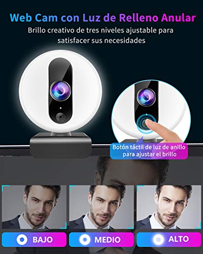 Webcam con Microfono para PC y Anillo de Luz, OVIFM Webcam HD 2K con Trípode y Cover para PC/Mac/Ordenador Portatil/Sobremesa, Camara Web para Youtube, Skype, Zoom, Xbox One, PS4 y Videoconferencia