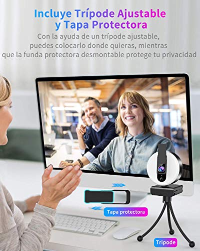 Webcam con Microfono para PC y Anillo de Luz, OVIFM Webcam HD 2K con Trípode y Cover para PC/Mac/Ordenador Portatil/Sobremesa, Camara Web para Youtube, Skype, Zoom, Xbox One, PS4 y Videoconferencia