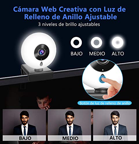 Webcam con Micrófono y Anillo de Luz, NIYPS 2K HD Camara Web con Cover y Tripode para PC/Mac/Ordenador Portatil/Sobremesa, Web CAM para Youtube, Skype, Zoom, Xbox One, PS4 y Videoconferencia