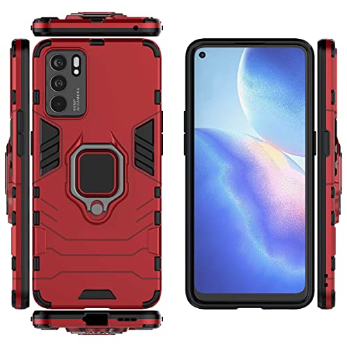 WEIOU Funda para OPPO Reno 6 5G (Reno6 5G), Anti-Rasguño Carcasa TPU Silicona y PC Shock- Absorción Bumper Caso, Protectora Case Cover con 360° Anillo Kickstand, Rojo