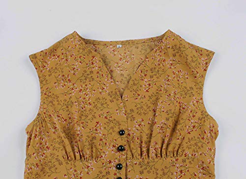 Wellwits Vestido de té vintage de los años 40 con botones florales y cuello dividido para mujer. - amarillo - 36-38